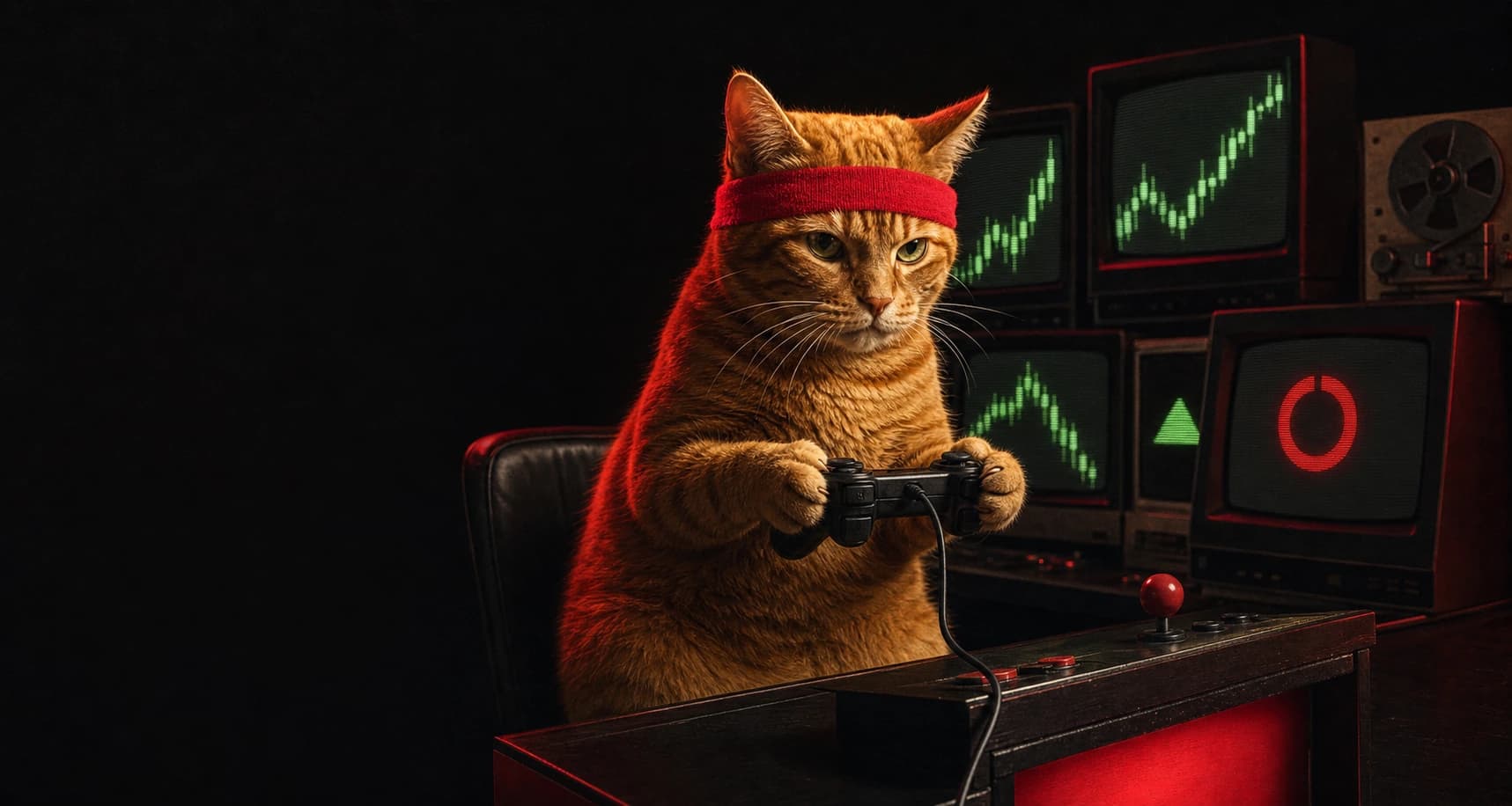 An orange cat in a red headband holding a game controller in front of vintage market terminals